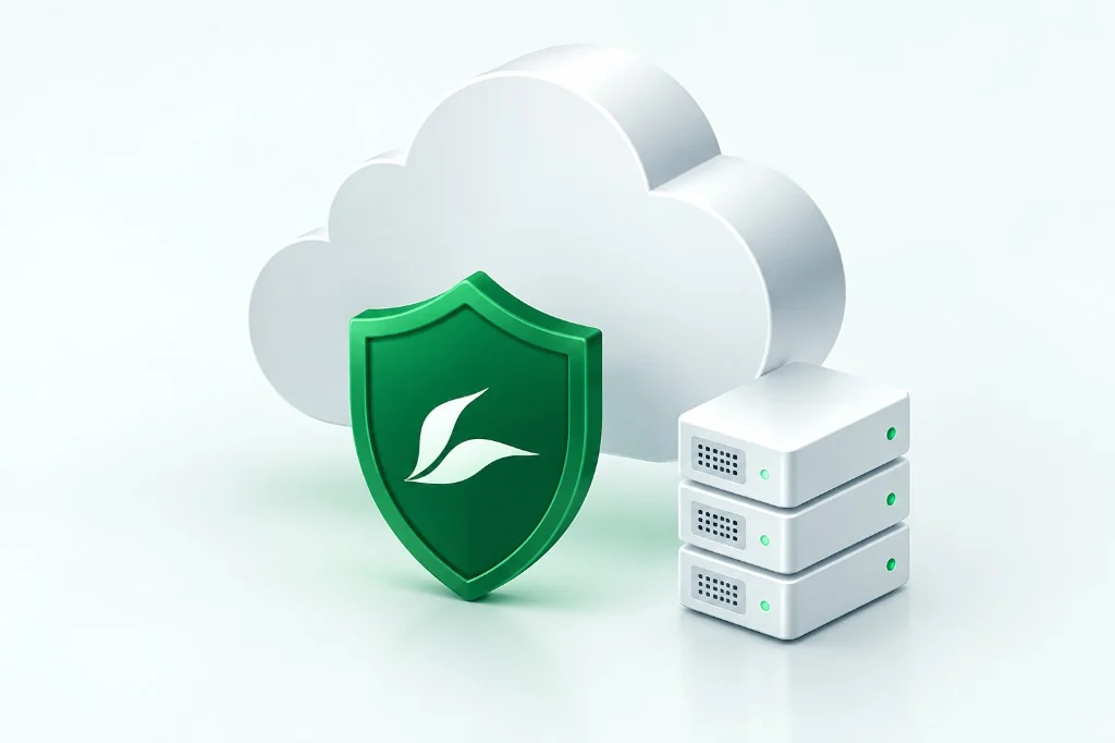 Illustration of secure cloud infrastructure with hosting and protection controls.