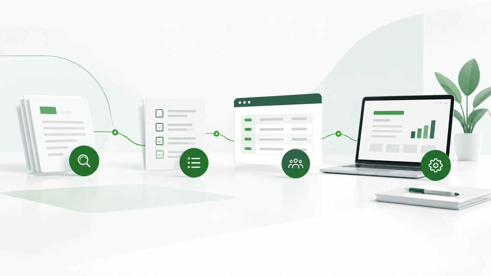 Illustration of a procurement path moving from documentation and requirement review through a checklist, a working system and ongoing reporting.