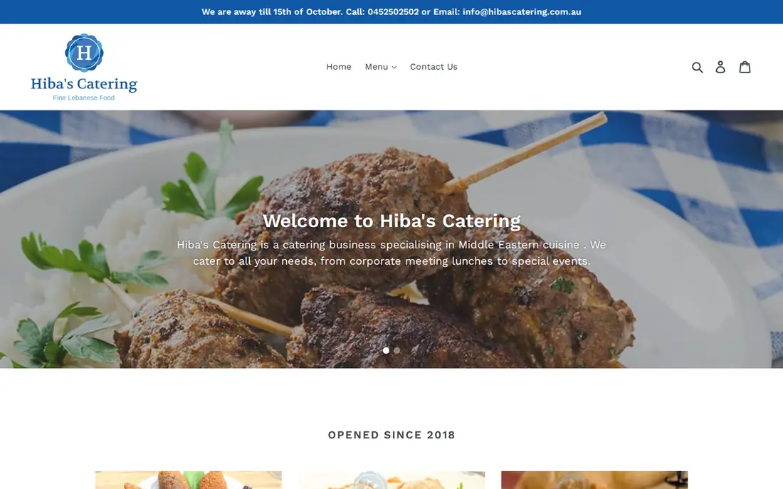 Website homepage for Hiba's Catering