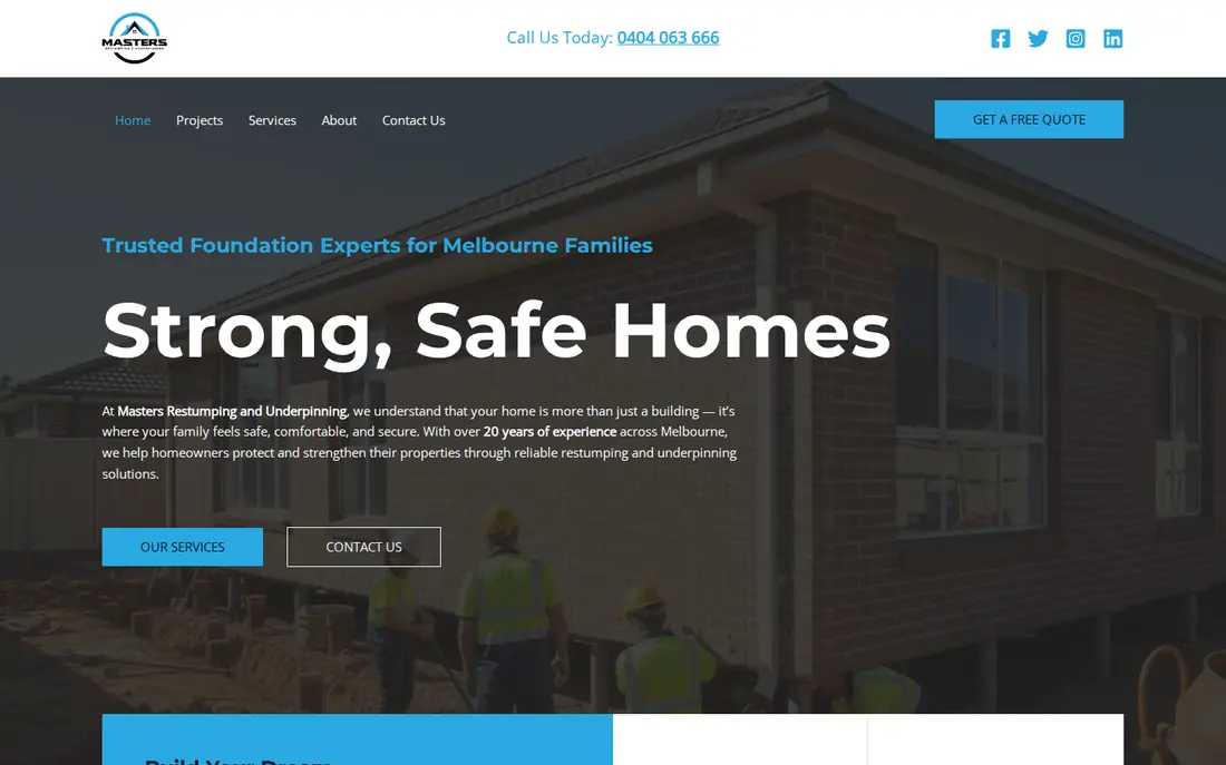 Website homepage for Masters Restumping and Underpinning