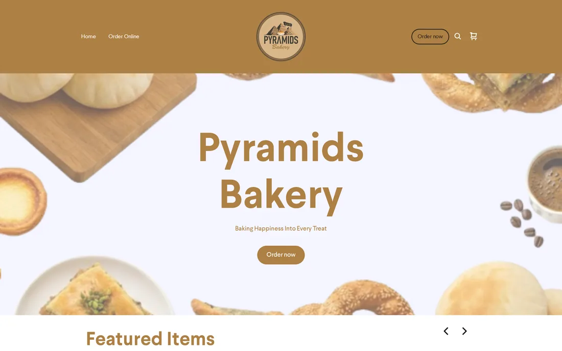 Website homepage for Pyramids Bakery