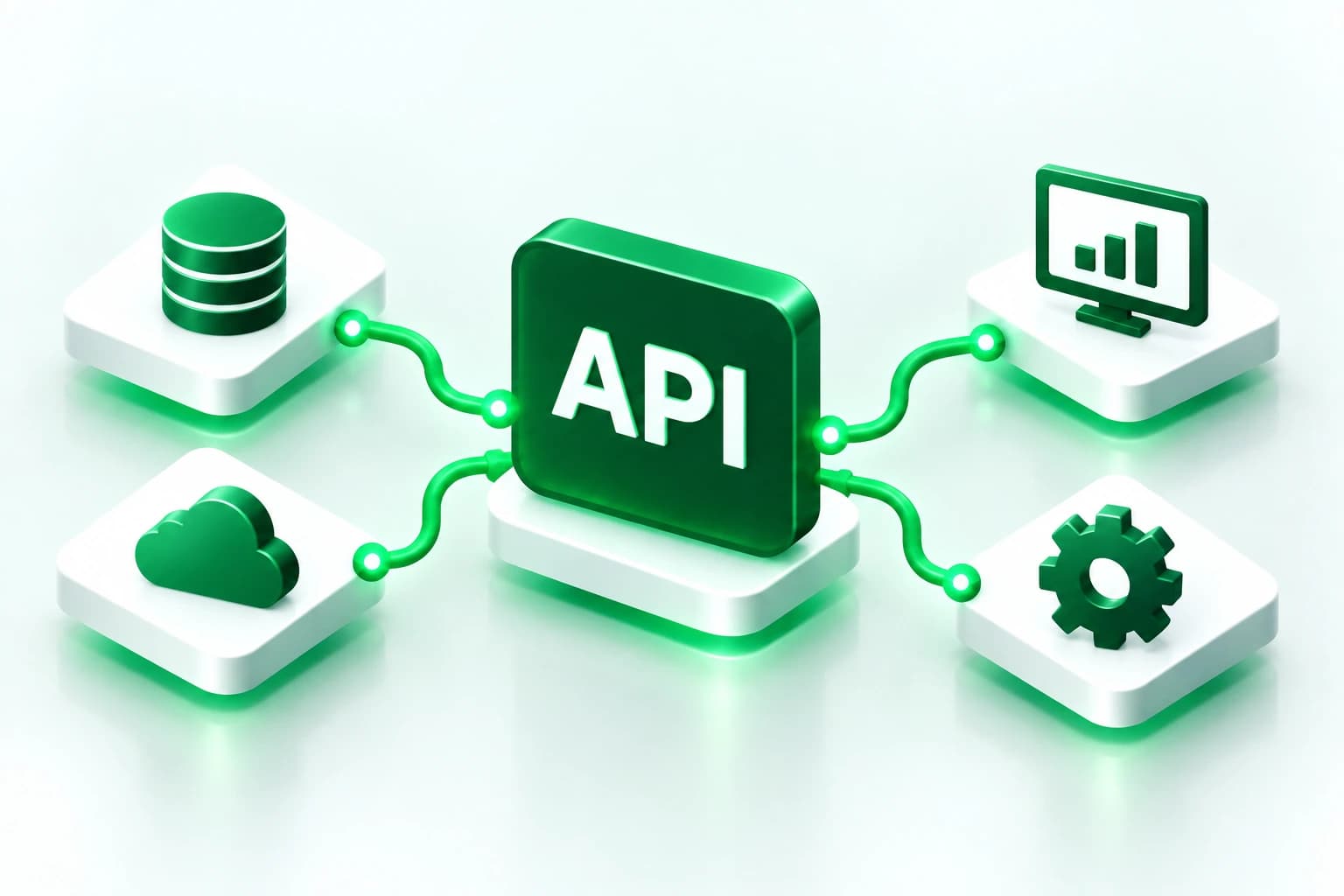 Illustration of an API hub connecting cloud, data, monitoring and related systems.